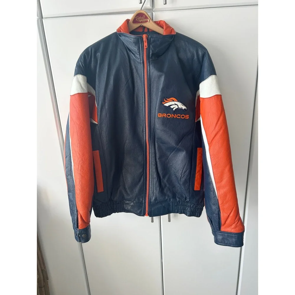 Vintage Pro Player Denver Broncos Leather Jacket Mens Large Navy Blue Orange NFL